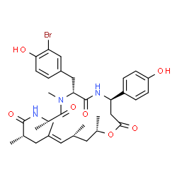 ChemSpider 2D Image | (4R,7R,10S,13S,15E,17R,19S)-7-(3-Bromo-4-hydroxybenzyl)-4-(4-hydroxyphenyl)-8,10,13,15,17,19-hexamethyl-1-oxa-5,8,11-triazacyclononadec-15-ene-2,6,9,12-tetrone | C34H44BrN3O7