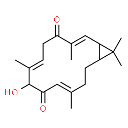ChemSpider 2D Image | (2E,6E,10E)-8-Hydroxy-3,7,11,15,15-pentamethylbicyclo[12.1.0]pentadeca-2,6,10-triene-4,9-dione | C20H28O3
