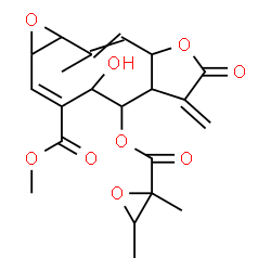 ChemSpider 2D Image | Methyl (2E)-5-{[(2,3-dimethyl-2-oxiranyl)carbonyl]oxy}-4-hydroxy-10-methyl-6-methylene-7-oxo-1a,4,5,5a,6,7,8a,10a-octahydrooxireno[7,8]cyclodeca[1,2-b]furan-3-carboxylate | C21H24O9