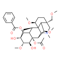 ChemSpider 2D Image | (1alpha,5xi,6alpha,9xi,14beta,15alpha,16beta,17xi)-8-Acetoxy-13,15-dihydroxy-1,6,16-trimethoxy-4-(methoxymethyl)-20-methylaconitan-14-yl benzoate | C33H45NO10