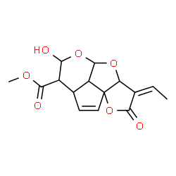 ChemSpider 2D Image | Methyl (3Z)-3-ethylidene-6-hydroxy-2-oxo-3,3a,6,7,7a,9b-hexahydro-2H,4aH-1,4,5-trioxadicyclopenta[a,hi]indene-7-carboxylate | C15H16O7