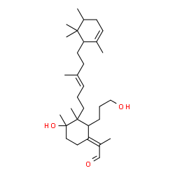ChemSpider 2D Image | (2E)-2-{4-Hydroxy-2-(3-hydroxypropyl)-3,4-dimethyl-3-[(3E)-4-methyl-6-(2,5,6,6-tetramethyl-2-cyclohexen-1-yl)-3-hexen-1-yl]cyclohexylidene}propanal | C31H52O3