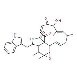 ChemSpider 2D Image | (1E,5E,9Z)-7-Hydroxy-14-(1H-indol-3-ylmethyl)-4,6,15,15a-tetramethyl-4,7,14,14a,15,15a,16a,16b-octahydro-3H-cyclotrideca[d]oxireno[f]isoindole-8,11,12(13H)-trione | C32H36N2O5