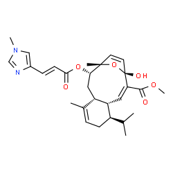 ChemSpider 2D Image | Methyl (1R,2E,4S,5R,9R,11S,12S)-1-hydroxy-5-isopropyl-8,12-dimethyl-11-{[(2E)-3-(1-methyl-1H-imidazol-4-yl)-2-propenoyl]oxy}-15-oxatricyclo[10.2.1.0~4,9~]pentadeca-2,7,13-triene-2-carboxylate | C28H36N2O6