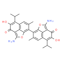 ChemSpider 2D Image | 2,2'-Diamino-4,4'-dihydroxy-5,5'-diisopropyl-7,7'-dimethyl-3H,3'H-8,8'-binaphtho[1,8-bc]furan-3,3'-dione | C30H28N2O6