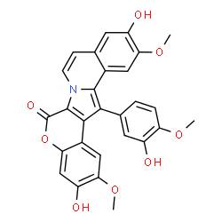 ChemSpider 2D Image | 3,11-Dihydroxy-14-(3-hydroxy-4-methoxyphenyl)-2,12-dimethoxy-6H-chromeno[4',3':4,5]pyrrolo[2,1-a]isoquinolin-6-one | C28H21NO8