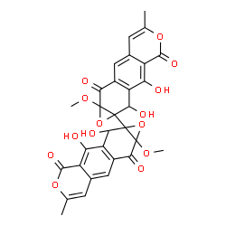 ChemSpider 2D Image | 2,2',3,3'-Tetrahydroxy-9a,9a'-dimethoxy-6,6'-dimethyl-2H,2'H,4H,4'H-1a,1a'-bi[1]benzoxireno[3,4-g]isochromene-4,4',9,9'(9aH,9a'H)-tetrone | C30H22O14