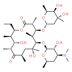 ChemSpider 2D Image | (3R,4S,5S,6R,7R,9R,11R,12S,13R,14R)-4-{[(2R,4R,5R,6S)-4,5-Dihydroxy-4,6-dimethyltetrahydro-2H-pyran-2-yl]oxy}-6-{[(2S,3R,4S,6R)-4-(dimethylamino)-3-hydroxy-6-methyltetrahydro-2H-pyran-2-yl]oxy}-14-eth
yl-7,12-dihydroxy-3,5,7,9,11,13-hexamethyloxacyclotetradecane-2,10-dione | C36H65NO12