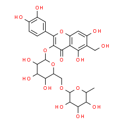 ChemSpider 2D Image | 2-(3,4-Dihydroxyphenyl)-5,7-dihydroxy-6-(hydroxymethyl)-4-oxo-4H-chromen-3-yl 6-O-(6-deoxyhexopyranosyl)hexopyranoside | C28H32O17