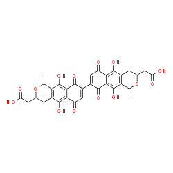 ChemSpider 2D Image | 2,2'-(5,5',10,10'-Tetrahydroxy-1,1'-dimethyl-6,6',9,9'-tetraoxo-3,3',4,4',6,6',9,9'-octahydro-1H,1'H-8,8'-bibenzo[g]isochromene-3,3'-diyl)diacetic acid | C32H26O14
