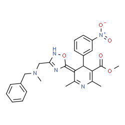 ChemSpider 2D Image | Methyl (5E)-5-[3-{[benzyl(methyl)amino]methyl}-1,2,4-oxadiazol-5(2H)-ylidene]-2,6-dimethyl-4-(3-nitrophenyl)-4,5-dihydro-3-pyridinecarboxylate | C26H27N5O5