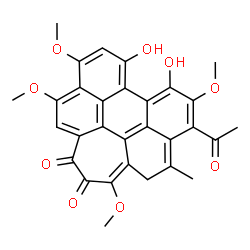 ChemSpider 2D Image | 6-Acetyl-8,9-dihydroxy-3,7,11,12-tetramethoxy-5-methyl-1H-cyclohepta[ghi]perylene-1,2(4H)-dione | C30H24O9