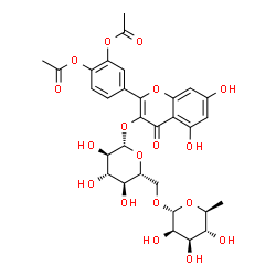 ChemSpider 2D Image | 4-(3-{[6-O-(6-Deoxy-alpha-L-mannopyranosyl)-beta-D-glucopyranosyl]oxy}-5,7-dihydroxy-4-oxo-4H-chromen-2-yl)-1,2-phenylene diacetate | C31H34O18