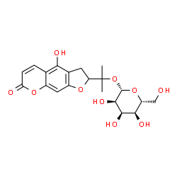 ChemSpider 2D Image | 2-(4-Hydroxy-7-oxo-2,3-dihydro-7H-furo[3,2-g]chromen-2-yl)-2-propanyl beta-D-allopyranoside | C20H24O10