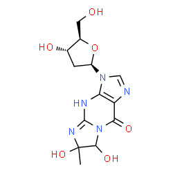 ChemSpider 2D Image | 3-(2-Deoxy-beta-D-erythro-pentofuranosyl)-6,7-dihydroxy-6-methyl-3,4,6,7-tetrahydro-9H-imidazo[1,2-a]purin-9-one | C13H17N5O6
