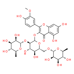ChemSpider 2D Image | 5,7-Dihydroxy-2-(4-hydroxy-3-methoxyphenyl)-4-oxo-4H-chromen-3-yl 6-deoxy-alpha-L-mannopyranosyl-(1->2)-[6-deoxy-alpha-L-mannopyranosyl-(1->6)]-D-glucopyranoside | C34H42O20