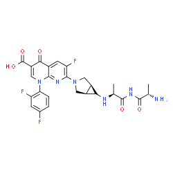ChemSpider 2D Image | 7-[(1R,5S)-6-{[(2S)-1-{[(2S)-2-Aminopropanoyl]amino}-1-oxo-2-propanyl]amino}-3-azabicyclo[3.1.0]hex-3-yl]-1-(2,4-difluorophenyl)-6-fluoro-4-oxo-1,4-dihydro-1,8-naphthyridine-3-carboxylic acid (non-pre
ferred name) | C26H25F3N6O5