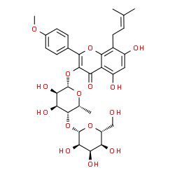 ChemSpider 2D Image | 5,7-Dihydroxy-2-(4-methoxyphenyl)-8-(3-methyl-2-buten-1-yl)-4-oxo-4H-chromen-3-yl 4-O-beta-D-allopyranosyl-6-deoxy-beta-D-gulopyranoside | C33H40O15