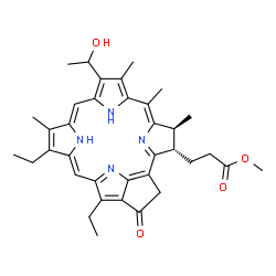 ChemSpider 2D Image | Methyl 3-[(3S,4S)-14,18-diethyl-9-(1-hydroxyethyl)-4,6,8,13-tetramethyl-20-oxo-24,25-dihydro-3-phorbinyl]propanoate | C36H42N4O4