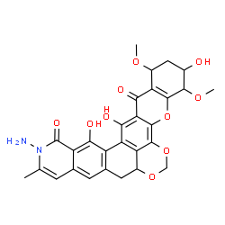 ChemSpider 2D Image | 13-Amino-3,15,16-trihydroxy-1,4-dimethoxy-12-methyl-3,4,8a,13-tetrahydro-1H-chromeno[2',3':6,7][1,3]dioxino[4',5',6':4,5]naphtho[2,1-g]isoquinoline-14,17(2H,9H)-dione | C28H26N2O10