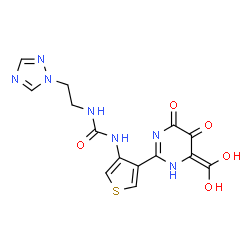 ChemSpider 2D Image | 1-{4-[6-(Dihydroxymethylene)-4,5-dioxo-1,4,5,6-tetrahydro-2-pyrimidinyl]-3-thienyl}-3-[2-(1H-1,2,4-triazol-1-yl)ethyl]urea | C14H13N7O5S