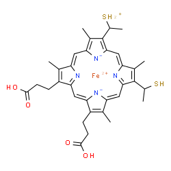 ChemSpider 2D Image | ferrous;[(1R)-1-[(5Z,10Z,14Z,19Z)-8,12-bis(2-carboxyethyl)-3,7,13,18-tetramethyl-17-[(1S)-1-sulfanylethyl]porphyrin-21,23-diid-2-yl]ethyl]sulfonium | C34H37FeN4O4S2