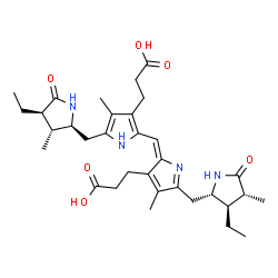 ChemSpider 2D Image | 3-[2-[(E)-[3-(2-carboxyethyl)-5-[[(2S,3R,4R)-3-ethyl-4-methyl-5-oxo-pyrrolidin-2-yl]methyl]-4-methyl-pyrrol-2-ylidene]methyl]-5-[[(2S,3R,4R)-4-ethyl-3-methyl-5-oxo-pyrrolidin-2-yl]methyl]-4-methyl-1H-pyrrol-3-yl]propanoic acid | C33H46N4O6