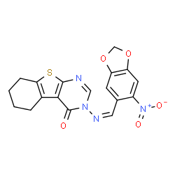 ChemSpider 2D Image | 3-{(Z)-[(6-Nitro-1,3-benzodioxol-5-yl)methylene]amino}-5,6,7,8-tetrahydro[1]benzothieno[2,3-d]pyrimidin-4(3H)-one | C18H14N4O5S