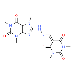 ChemSpider 2D Image | 1,3-Dimethyl-5-{[2-(1,3,7-trimethyl-2,6-dioxo-2,3,6,7-tetrahydro-1H-purin-8-yl)hydrazino]methylene}-2,4,6(1H,3H,5H)-pyrimidinetrione | C15H18N8O5