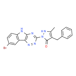 ChemSpider 2D Image | 4-Benzyl-2-(8-bromo-5H-[1,2,4]triazino[5,6-b]indol-3-yl)-5-methyl-1,2-dihydro-3H-pyrazol-3-one | C20H15BrN6O