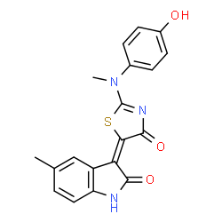 ChemSpider 2D Image | (3E)-3-{2-[(4-Hydroxyphenyl)(methyl)amino]-4-oxo-1,3-thiazol-5(4H)-ylidene}-5-methyl-1,3-dihydro-2H-indol-2-one | C19H15N3O3S