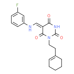 ChemSpider 2D Image | (5Z)-1-[2-(1-Cyclohexen-1-yl)ethyl]-5-{[(3-fluorophenyl)amino]methylene}-2,4,6(1H,3H,5H)-pyrimidinetrione | C19H20FN3O3