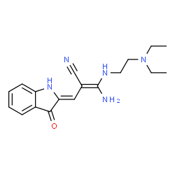 ChemSpider 2D Image | (2Z)-3-Amino-3-{[2-(diethylamino)ethyl]amino}-2-[(Z)-(3-oxo-1,3-dihydro-2H-indol-2-ylidene)methyl]acrylonitrile | C18H23N5O
