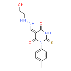 ChemSpider 2D Image | (5E)-5-{[2-(2-Hydroxyethyl)hydrazino]methylene}-1-(4-methylphenyl)-2-thioxodihydro-4,6(1H,5H)-pyrimidinedione | C14H16N4O3S