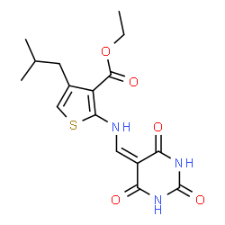 ChemSpider 2D Image | Ethyl 4-isobutyl-2-{[(2,4,6-trioxotetrahydro-5(2H)-pyrimidinylidene)methyl]amino}-3-thiophenecarboxylate | C16H19N3O5S