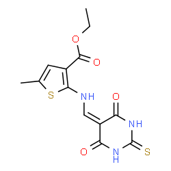 ChemSpider 2D Image | Ethyl 2-{[(4,6-dioxo-2-thioxotetrahydro-5(2H)-pyrimidinylidene)methyl]amino}-5-methyl-3-thiophenecarboxylate | C13H13N3O4S2
