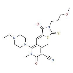ChemSpider 2D Image | 6-(4-Ethyl-1-piperazinyl)-5-{(Z)-[3-(3-methoxypropyl)-4-oxo-2-thioxo-1,3-thiazolidin-5-ylidene]methyl}-1,4-dimethyl-2-oxo-1,2-dihydro-3-pyridinecarbonitrile | C22H29N5O3S2