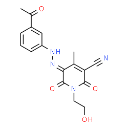 ChemSpider 2D Image | (5E)-5-[(3-Acetylphenyl)hydrazono]-1-(2-hydroxyethyl)-4-methyl-2,6-dioxo-1,2,5,6-tetrahydro-3-pyridinecarbonitrile | C17H16N4O4