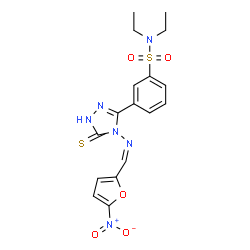ChemSpider 2D Image | N,N-Diethyl-3-(4-{(Z)-[(5-nitro-2-furyl)methylene]amino}-5-thioxo-4,5-dihydro-1H-1,2,4-triazol-3-yl)benzenesulfonamide | C17H18N6O5S2