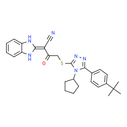 ChemSpider 2D Image | 4-({4-Cyclopentyl-5-[4-(2-methyl-2-propanyl)phenyl]-4H-1,2,4-triazol-3-yl}sulfanyl)-2-(1,3-dihydro-2H-benzimidazol-2-ylidene)-3-oxobutanenitrile | C28H30N6OS