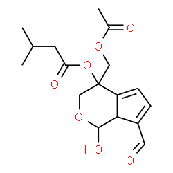 ChemSpider 2D Image | 4-(Acetoxymethyl)-7-formyl-1-hydroxy-1,3,4,7a-tetrahydrocyclopenta[c]pyran-4-yl 3-methylbutanoate | C17H22O7