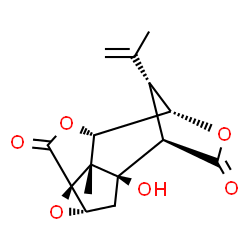 ChemSpider 2D Image | (1R,3S,5S,8S,9S,12R,13R,14R)-1-Hydroxy-14-isopropenyl-13-methyl-4,7,10-trioxapentacyclo[6.4.1.1~9,12~.0~3,5~.0~5,13~]tetradecane-6,11-dione | C15H16O6