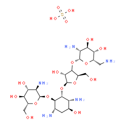ChemSpider 2D Image | (1R,2R,3R,4S,6S)-3,6-Diamino-2-{[(3xi)-3-O-(2,6-diamino-2,6-dideoxy-beta-L-idopyranosyl)-beta-D-erythro-pentofuranosyl]oxy}-4-hydroxycyclohexyl 2-amino-2-deoxy-alpha-D-glucopyranoside sulfate (1:1) | C23H47N5O18S