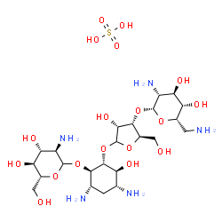ChemSpider 2D Image | (1R,2R,3S,4R,6S)-4,6-Diamino-2-{[3-O-(2,6-diamino-2,6-dideoxy-beta-L-idopyranosyl)-D-ribofuranosyl]oxy}-3-hydroxycyclohexyl 2-amino-2-deoxy-D-glucopyranoside sulfate (1:1) | C23H47N5O18S