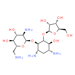 ChemSpider 2D Image | (1R,3S,4R,6S)-4,6-Diamino-3-hydroxy-2-(beta-D-ribofuranosyloxy)cyclohexyl 2,6-diamino-2,6-dideoxy-alpha-D-glucopyranoside | C17H34N4O10