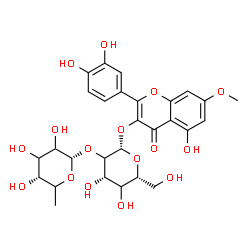 ChemSpider 2D Image | 2-(3,4-Dihydroxyphenyl)-5-hydroxy-7-methoxy-4-oxo-4H-chromen-3-yl 2-O-(6-deoxy-alpha-L-glycero-hexopyranosyl)-beta-D-threo-hexopyranoside | C28H32O16