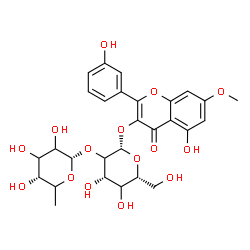 ChemSpider 2D Image | 5-Hydroxy-2-(3-hydroxyphenyl)-7-methoxy-4-oxo-4H-chromen-3-yl 2-O-(6-deoxy-alpha-L-glycero-hexopyranosyl)-beta-D-threo-hexopyranoside | C28H32O15