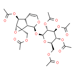 ChemSpider 2D Image | (1aS,1bS,2S,5aR,6S,6aR)-1a-(Acetoxymethyl)-2-[(2,3,4,6-tetra-O-acetyl-beta-D-glucopyranosyl)oxy]-1a,1b,2,5a,6,6a-hexahydrooxireno[4,5]cyclopenta[1,2-c]pyran-6-yl acetate | C27H34O16