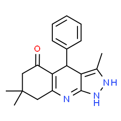 ChemSpider 2D Image | 3,7,7-Trimethyl-4-phenyl-1,2,4,6,7,8-hexahydro-5H-pyrazolo[3,4-b]quinolin-5-one | C19H21N3O