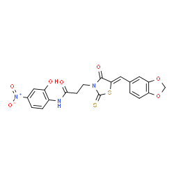 ChemSpider 2D Image | 3-[(5Z)-5-(1,3-Benzodioxol-5-ylmethylene)-4-oxo-2-thioxo-1,3-thiazolidin-3-yl]-N-(2-hydroxy-4-nitrophenyl)propanamide | C20H15N3O7S2